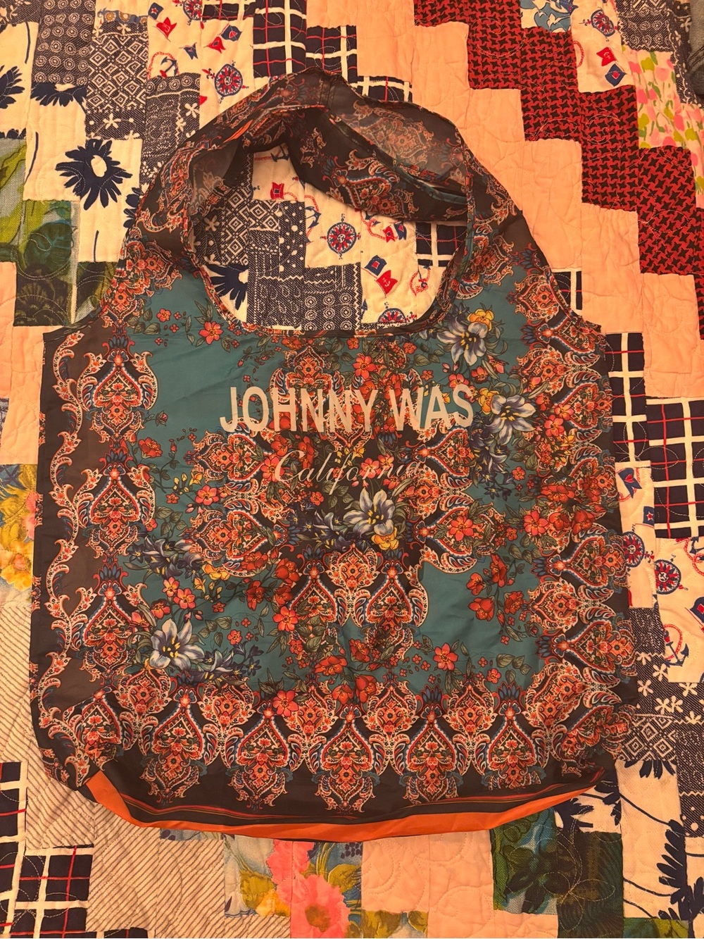 Johnny Was Teal and Orange Floral Paisley Tote